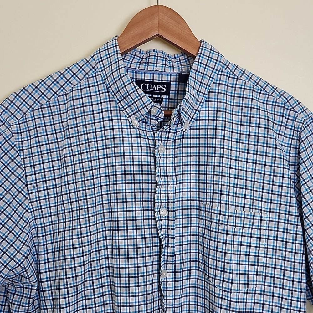 Chaps Custom Fit Blue, Beige and White Check/Plaid Men's Shirt, Size Extra Large